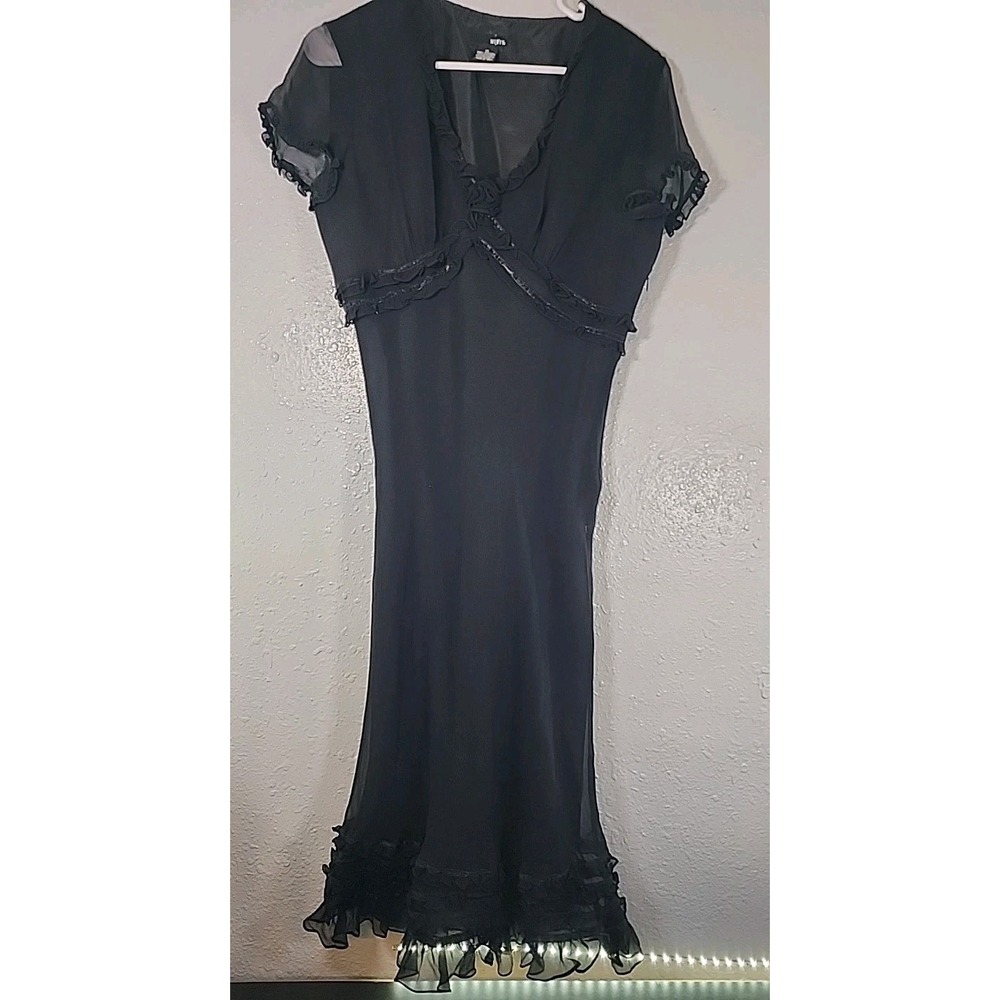 vintage Y2K Mixit silk black midi dress with a ruffled V-neckline,‎ sheer Sz 10